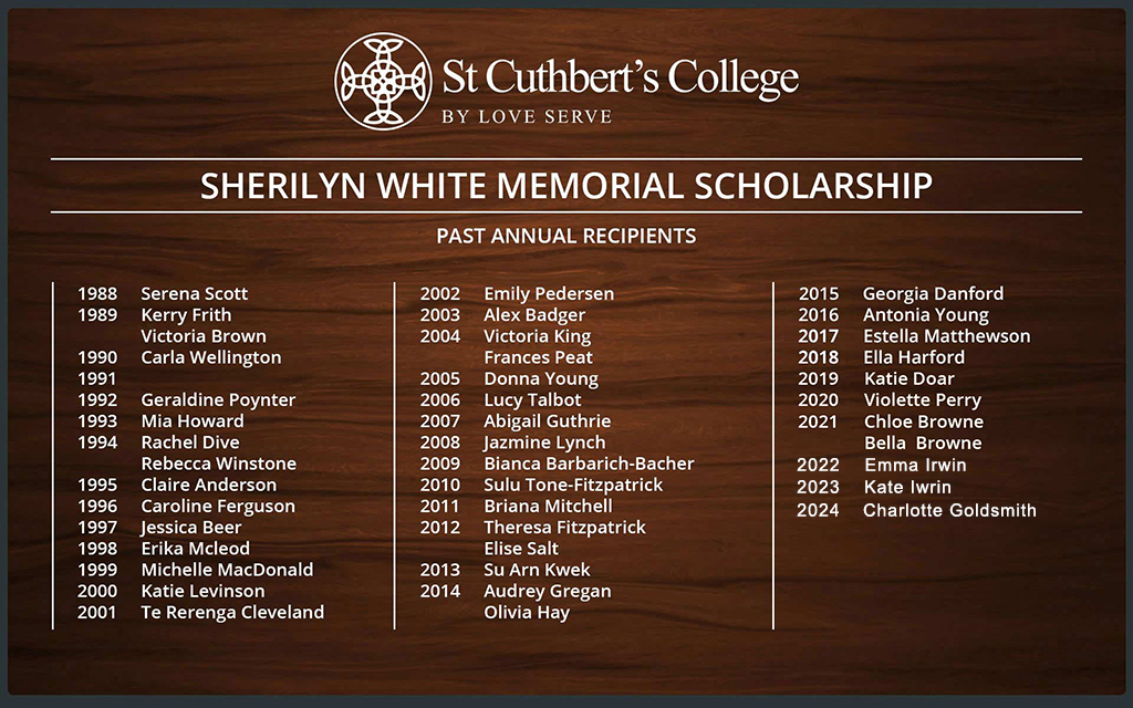 Sherilyn White Memorial Scholarship honours board listing past recipients by year